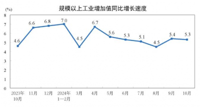 2024年10月制造业增加值同比增长5.4%